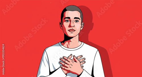 Man with hands on chest expressing emotion standing against red background vector illustration