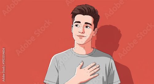 Young man with hand on heart smiling on red background symbolizing patriotism or love
