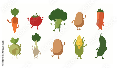 Cartoon vegetable vector set with cute funny food characters for kids isolated on white background