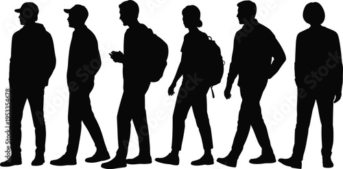 Casual people silhouettes walking with backpacks, group of students and pedestrians, vector illustration isolated on white