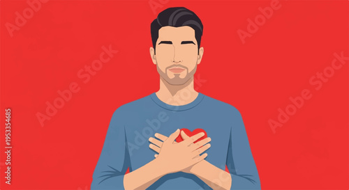 Man with hands on heart expressing love or gratitude standing against red background symbolizing passion and emotion