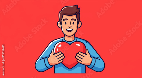Cartoon man holding heart symbol on red background expressing love and affection in a cheerful illustration