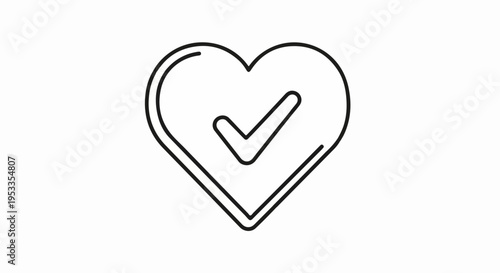 Heart symbol with checkmark inside approval love concept simple line art on white background emoticon for acceptance and affection