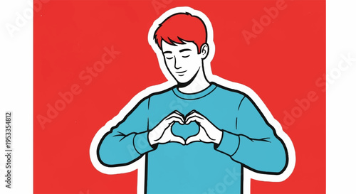 Young man making heart shape with hands on red background symbolizing love and affection in a simple bold graphic illustration