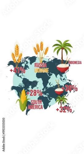 Global agricultural production growth rates shown on world map with crops and percentages