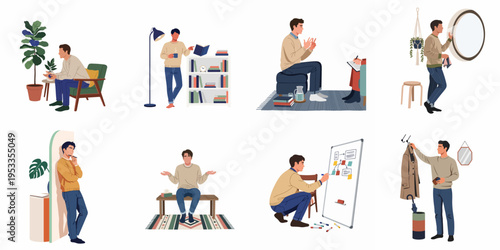 A set of eight flat illustrations showing a young man in various everyday life situations, including working, relaxing, thinking, and household activities.