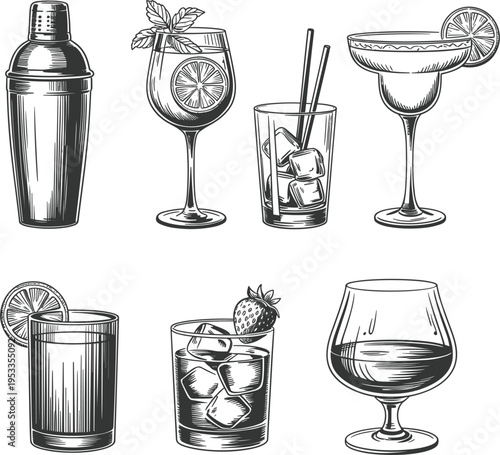 Vintage cocktail sketch vector set, hand drawn alcoholic drinks with shaker, bar menu engraving, illustration