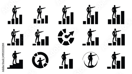 Collection of leadership and success silhouettes with graphs and charts business strategy and growth icons
