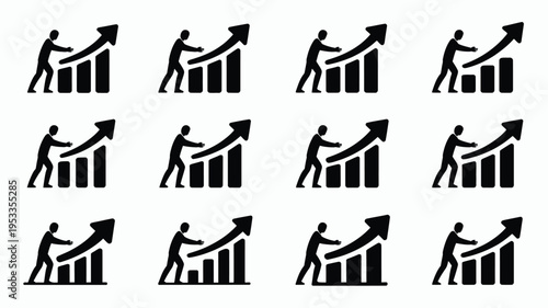 Business achievement icons 12 silhouette graphs with people pushing growth arrows upward symbolizing success and progress in finance and statistics on white background