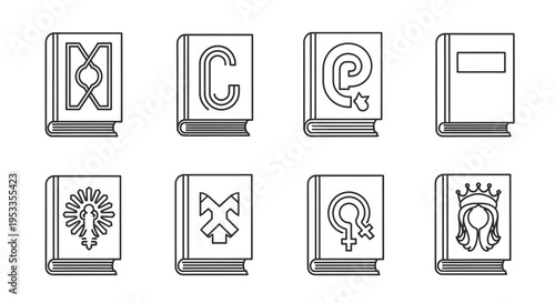 line art book icons illustrating diverse subjects like science culture and gender perfect for education and knowledge-related graphic designs.