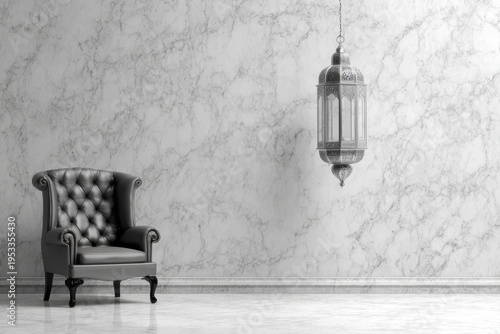 Ornate leather armchair and decorative hanging lantern against a marble wall.