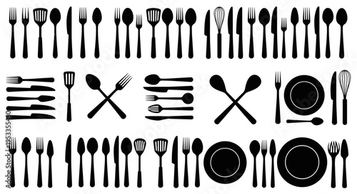 silhouetted kitchen utensils cooking tools and cutlery set with dinnerware and kitchenware on a clean white background.