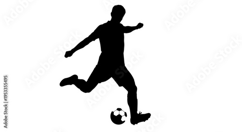 soccer player silhouette in dynamic action kicking a ball isolated on a white background ideal for sports branding and design.