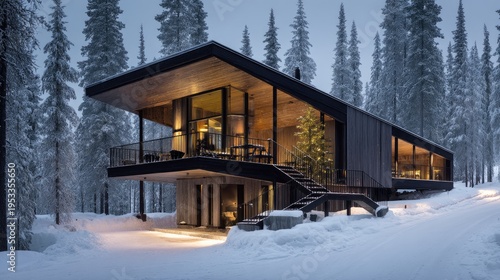 Modern architectural home in snowy forest landscape with minimalist design and large glass windows, surrounded by tall pine trees and serene nature