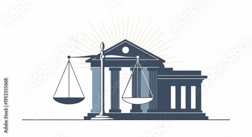 Law and justice concept with scales of justice in front of a courthouse building with columns