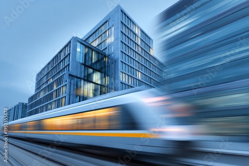High-speed train rushes past modern buildings in urban environment.