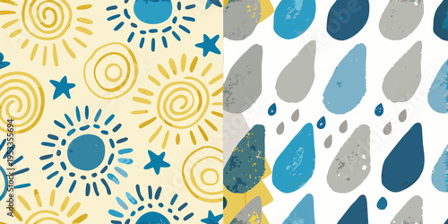 Colorful abstract pattern with suns stars and teardrop shapes