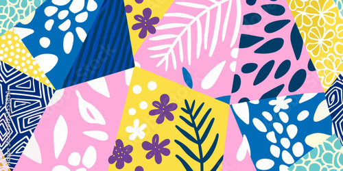 Colorful abstract pattern with floral and geometric shapes in a patchwork style