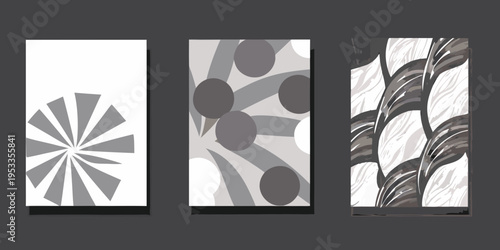 Abstract triptych displaying varying geometric patterns in grayscale tones