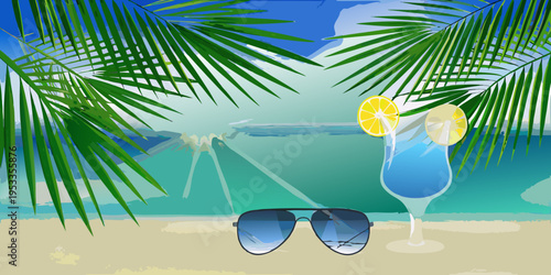 Tropical beach scene with cocktails sunglasses and palm leaves