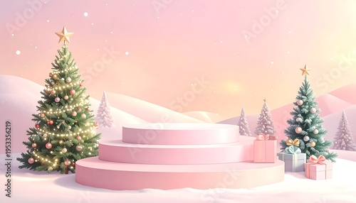 A pastel-colored winter scene featuring a tiered pink platform, two decorated trees, and snow-covered hills under a soft sunset sky