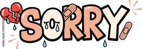 Sorry Text Typography with Sad Crying Heart and Plaster Bandage Illustration