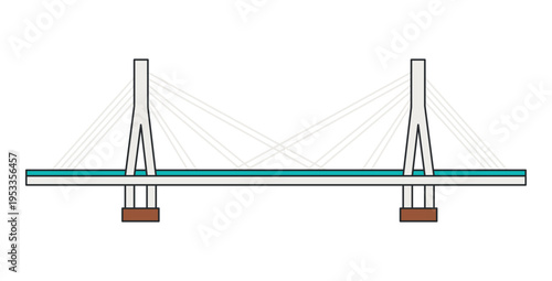 Cable-stayed bridge with pylons and suspension cables isolated on white background. Modern transport infrastructure. Illustration.