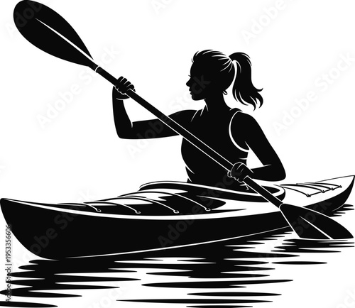 Black Silhouette of Female Kayaker Rowing on Water Vector Illustration for Summer Adventure Sports Outdoor Activity and Healthy Lifestyle Concept