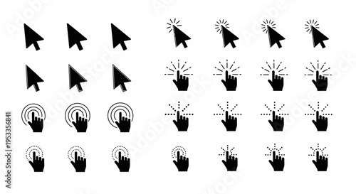 a variety of computer mouse pointer and hand click tap icons for modern ui ux design elements and interactive tutorials.