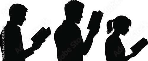Black Silhouette Set of People Reading Books Standing Profile of Men and Woman for Education Library Literature and Learning Concept