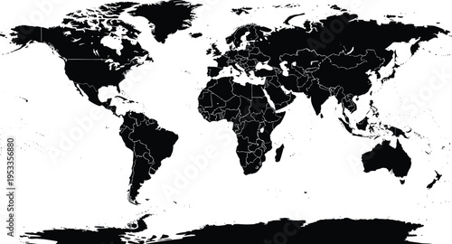 Black and white world map with outlined country borders, global geography design showing continents and oceans, educational artwork for travel, learning, and international themes