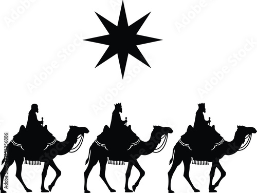 Black silhouette artwork of Three Wise Men riding camels guided by Bethlehem star, nativity Christmas design symbolizing biblical journey, faith, tradition, and festive holiday themes