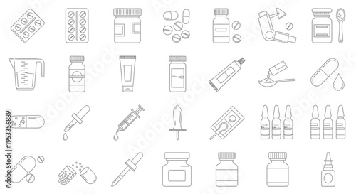 pharmaceutical and medicine line icons depicting various drugs medical supplies and treatment forms for healthcare design