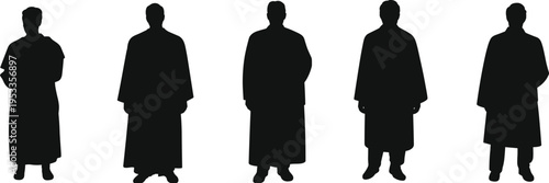 Black Silhouette Set of People Wearing Long Robes or Gowns Standing in Various Poses for Graduation Legal and Religious Concept