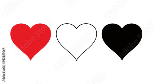 Three Heart Icons in Red White and Black Color Palette.