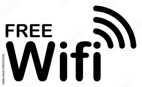 Free wifi text icon in black, wireless internet hotspot sign with signal waves, simple typography design for cafes, restaurants, hotels, public network access, PNG with transparent background