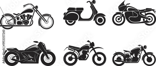 Collection of six motorcycle and scooter silhouettes featuring chopper, cruiser, dirt bike, sport touring, vintage, and classic scooter designs for creative automotive illustration projects.