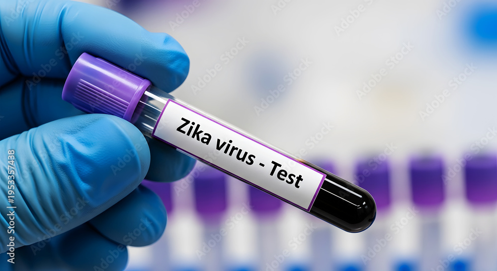Obraz premium Hand in blue glove holding test tube labeled Zika virus test image