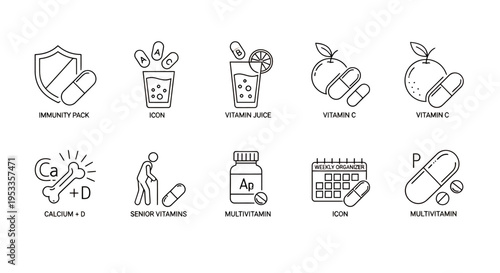 Set of simple line icons depicting healthy snacks and beverages collection.