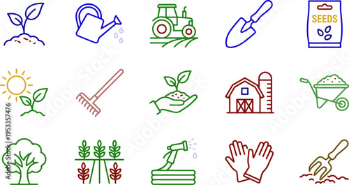 colorful gardening farming icon set, agriculture tools plants collection, flat vector design with tractor barn watering can seeds in bright outline style
