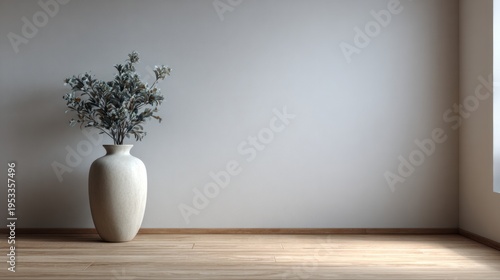 A tall, textured vase with greenery sits on a wooden floor.