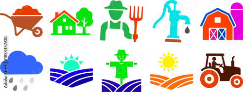 colorful farming agriculture icon set, rural countryside symbols collection, flat vector design with tractor barn farmer tools weather in bright rainbow colors
