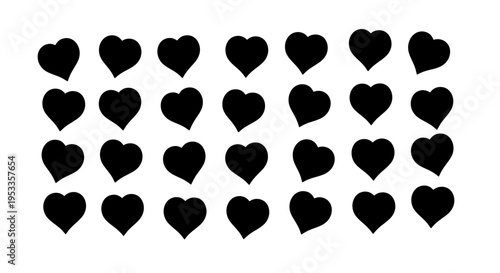 Grid of black heart icons forming a uniform pattern for graphic design and decorative use.