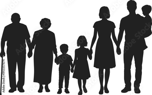 Multigenerational family silhouette including grandparents parents and children walking together hand in hand for concept of unity and lineage growth