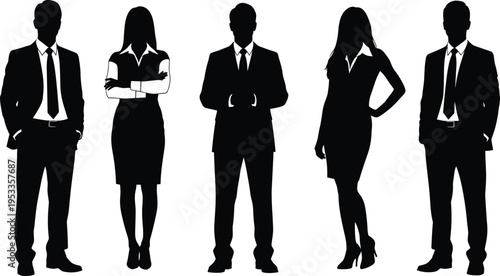 Professional business people silhouette vector set, corporate team in formal suits, office staff icons for leadership, career, management, black, isolated