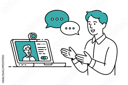 Online Video Call Communication with Laptop and Webcam Illustration. Man Talking in Virtual Meeting with Chat Bubbles and Screen.