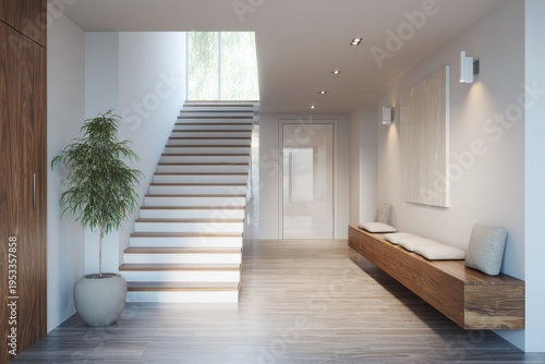 Modern hallway features a sleek wooden bench and floating staircase.