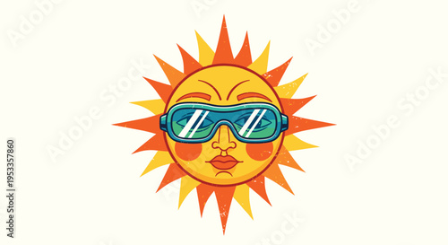 A charming retro illustration showcases a cheerful orange and yellow sun character with a textured surface, sporting oversized blue goggles and rosy cheeks.