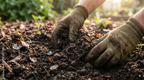 Wallpaper Mural Close-up of a gardener's gloved hand mixing rich dark organic compost soil featuring a live earthworm. Torontodigital.ca