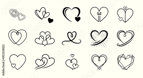 Collection of hand-drawn heart doodles and line art icons in monochrome style for graphic design and embellishments.